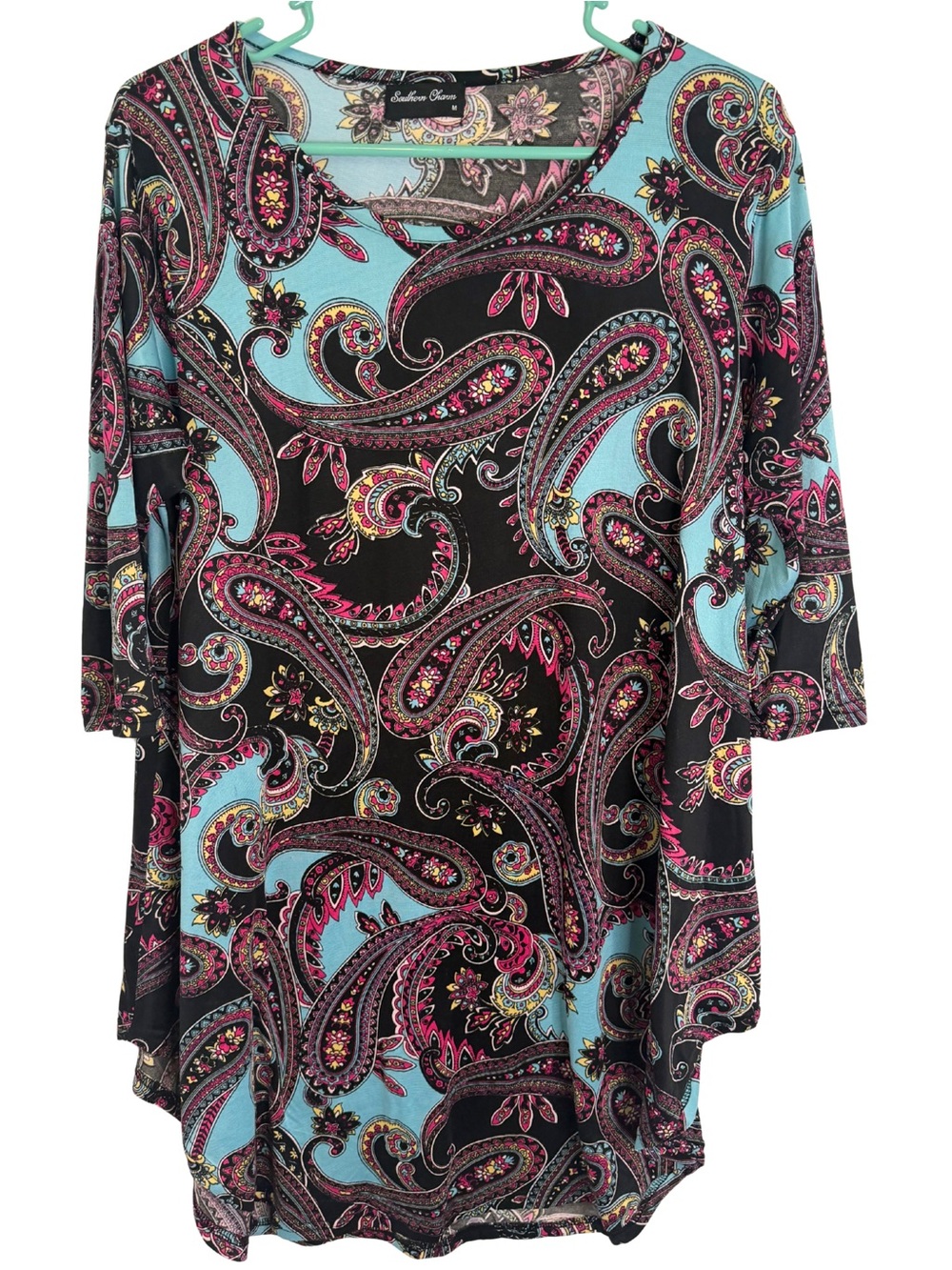 3/$20 Southern Charm Paisley 3/4 Sleeve Mini Dress in Black, Pink & Aqua